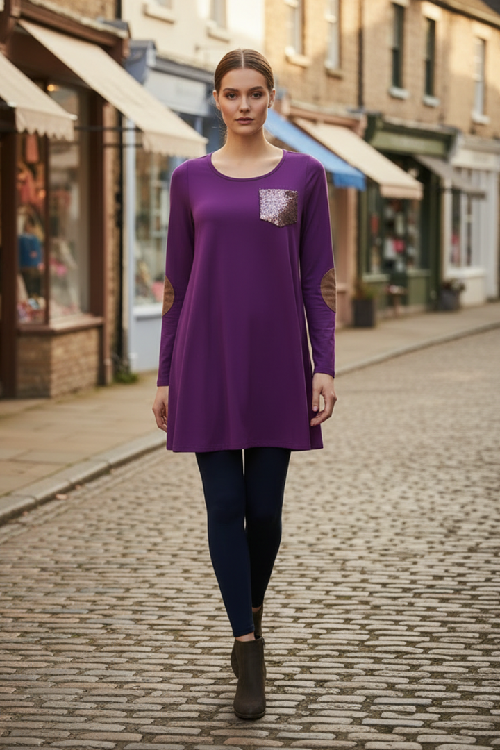 ELBOW SUEDE PATCH SLEEVE &amp; SEQUIN POCKET TUNIC TOP CT43251B-