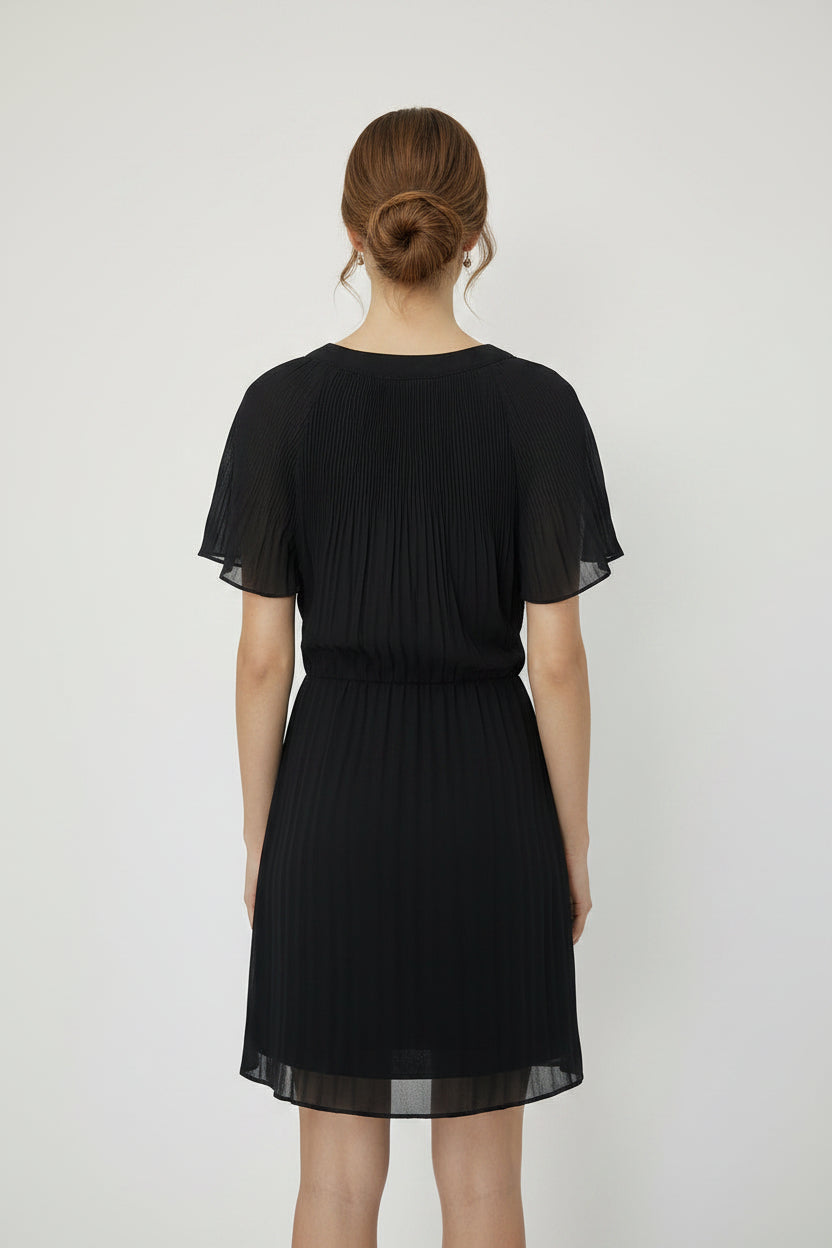 SHORT FLOUNCE SLEEVE WOVEN PLEATED DRESS -SY3953