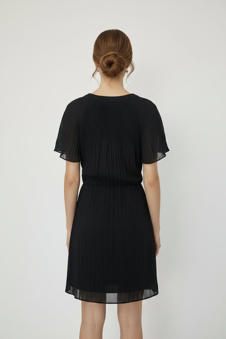 SHORT FLOUNCE SLEEVE WOVEN PLEATED DRESS -SY3953