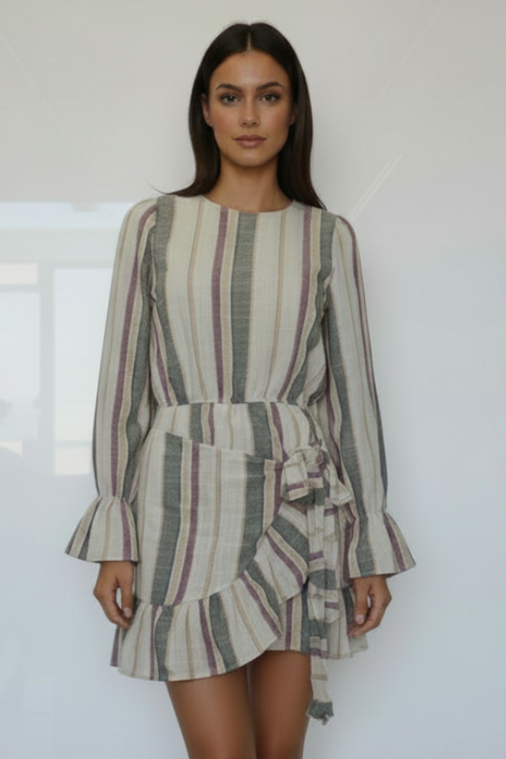 STRIPE RUFFLED SELF-TIE WAIST MINI DRESS MDR7377-
