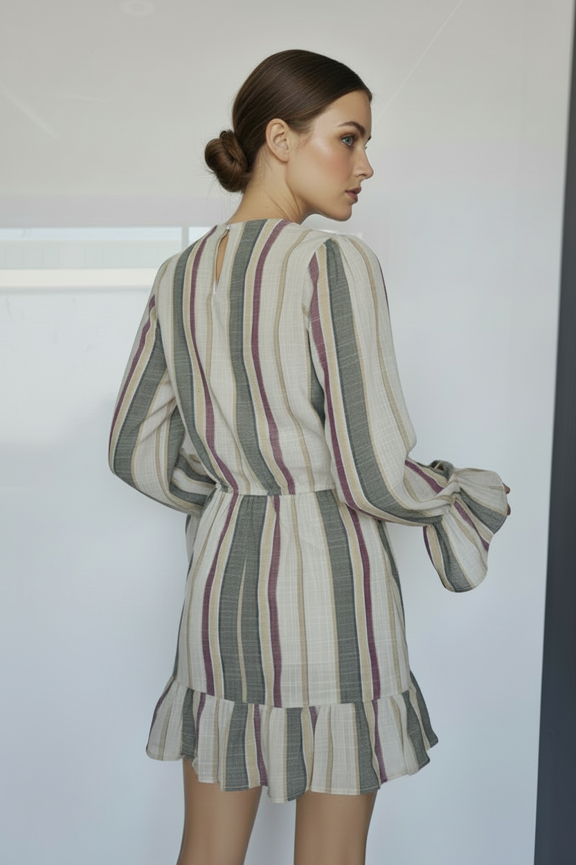 STRIPE RUFFLED SELF-TIE WAIST MINI DRESS MDR7377-