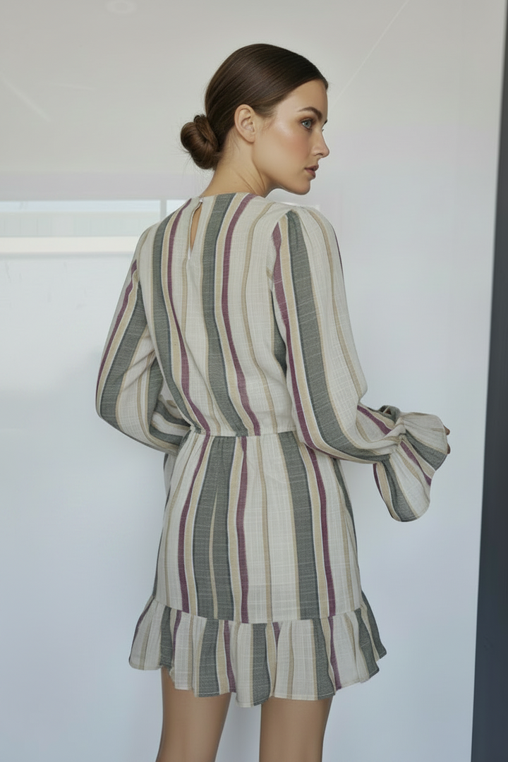 STRIPE RUFFLED SELF-TIE WAIST MINI DRESS MDR7377-