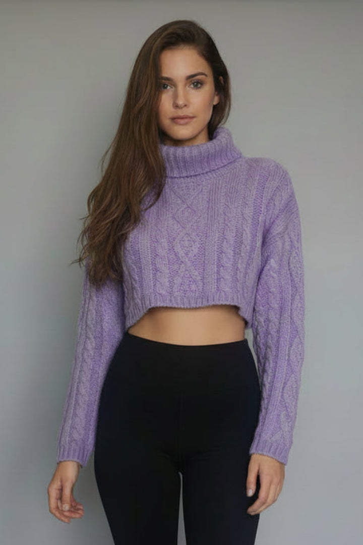 CABLE KNIT TURTLE NECK CROP TOP SWEATER OWT10519-