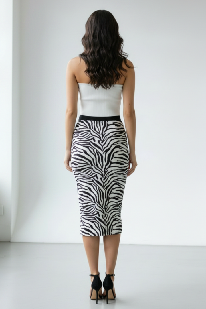 ANIMAL PRINT ELASTIC WAIST MIDI SKIRT-S12105-