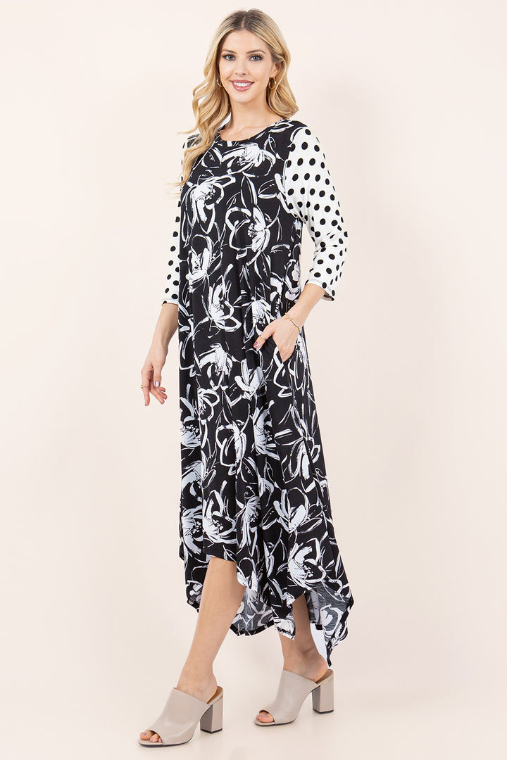 BLACK FLORAL PRINT W/SIDE POCKETS HI-LO MAXI DRESS DVL5809