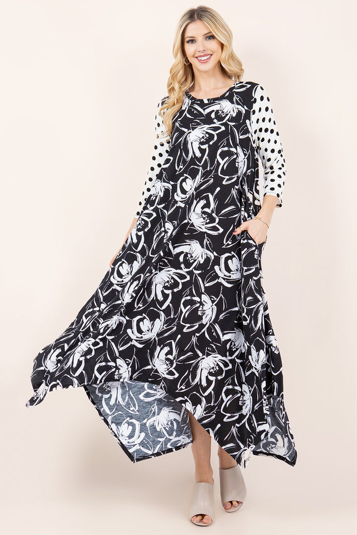 BLACK FLORAL PRINT W/SIDE POCKETS HI-LO MAXI DRESS DVL5809