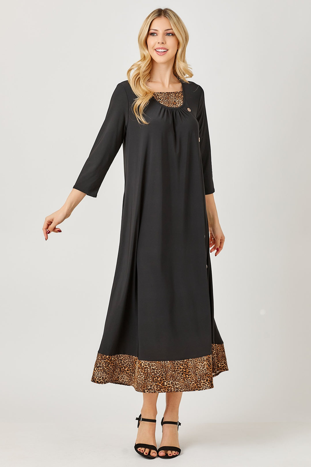 BLACK ANIMAL CONTRAST BUTTON DETAILED W/SIDE POCKETS MIDI DRESS DVL5853