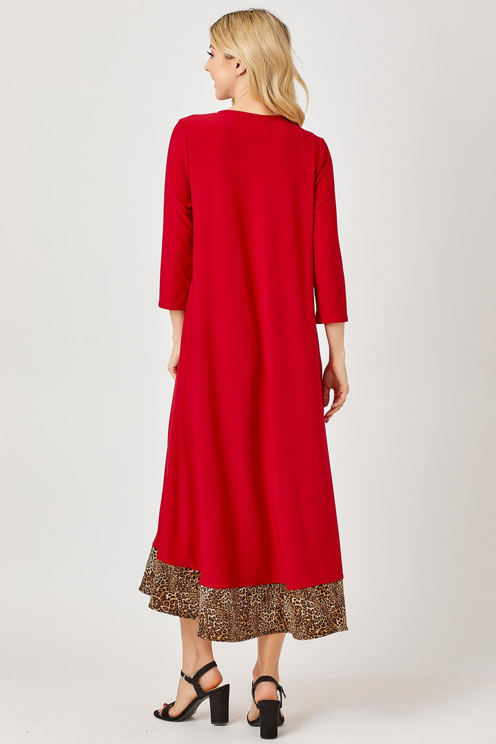 RED ANIMAL CONTRAST BUTTON DETAILED W/SIDE POCKETS MIDI DRESS DVL5853