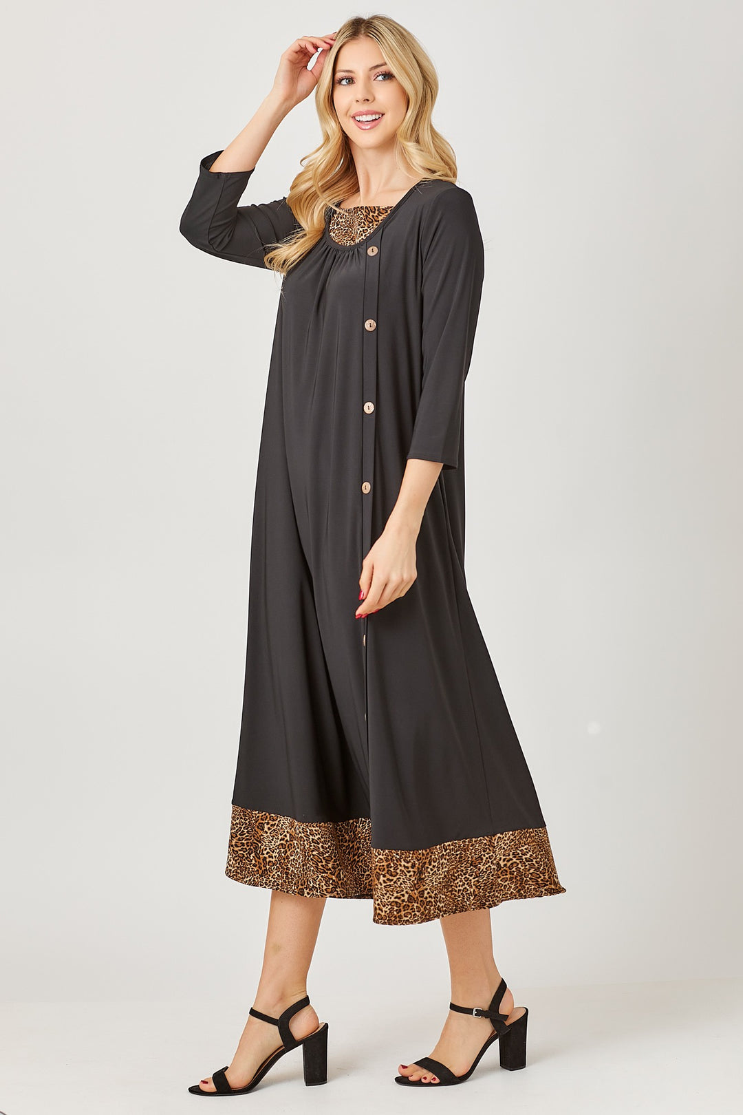 BLACK ANIMAL CONTRAST BUTTON DETAILED W/SIDE POCKETS MIDI DRESS DVL5853