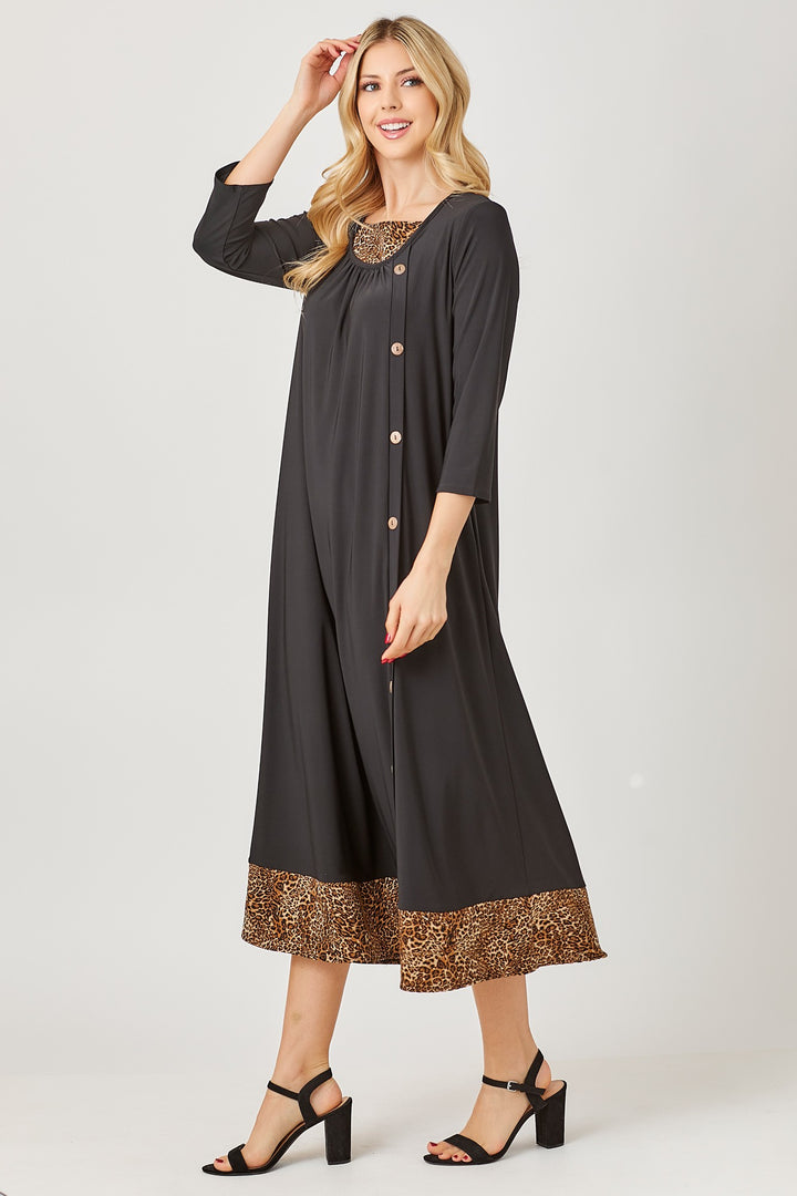 BLACK ANIMAL CONTRAST BUTTON DETAILED W/SIDE POCKETS MIDI DRESS DVL5853