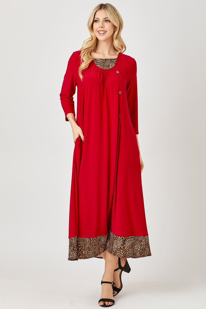 RED ANIMAL CONTRAST BUTTON DETAILED W/SIDE POCKETS MIDI DRESS DVL5853
