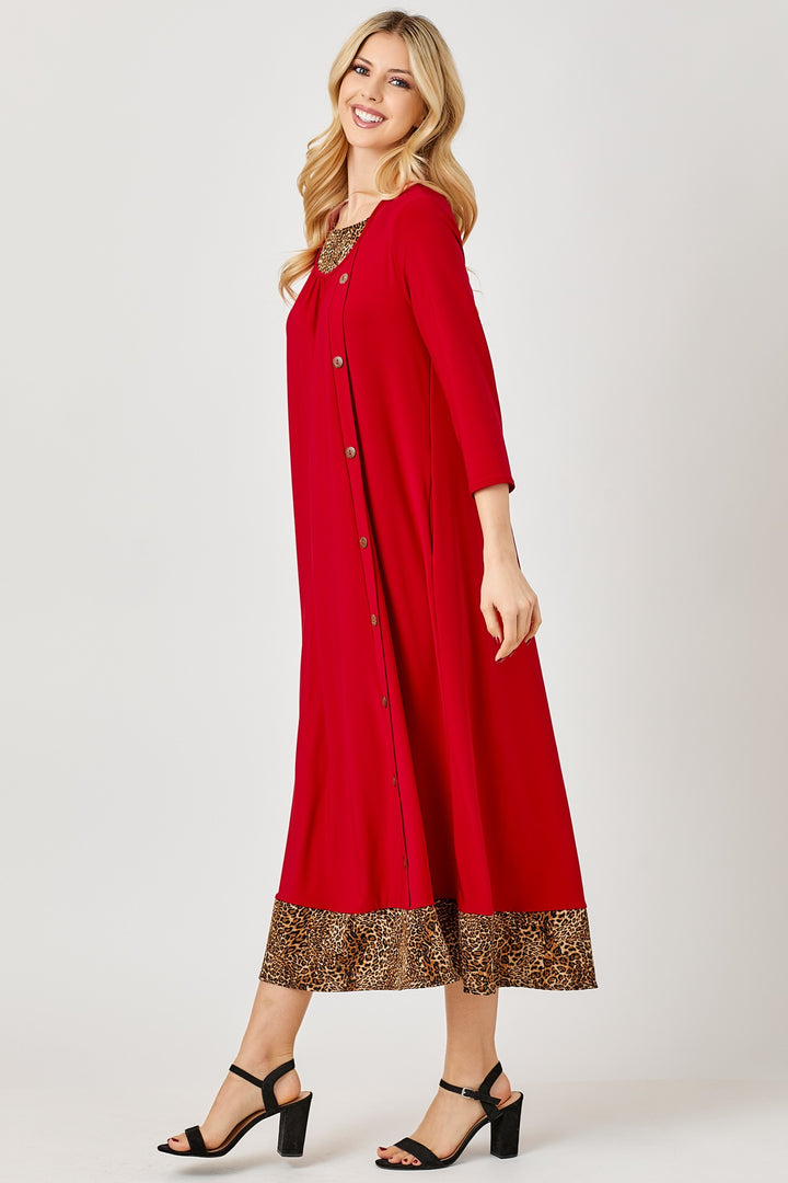 RED ANIMAL CONTRAST BUTTON DETAILED W/SIDE POCKETS MIDI DRESS DVL5853