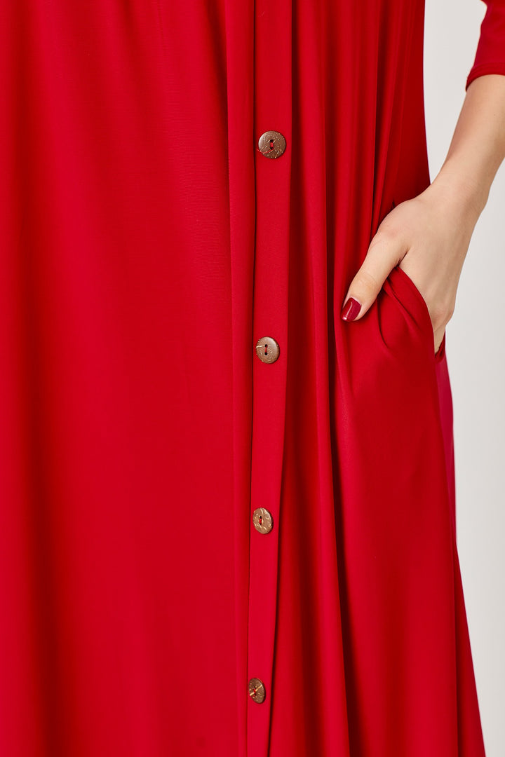 RED ANIMAL CONTRAST BUTTON DETAILED W/SIDE POCKETS MIDI DRESS DVL5853