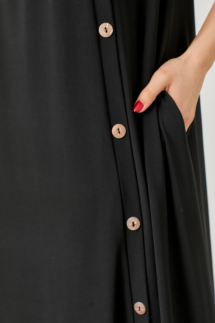 BLACK ANIMAL CONTRAST BUTTON DETAILED W/SIDE POCKETS MIDI DRESS DVL5853