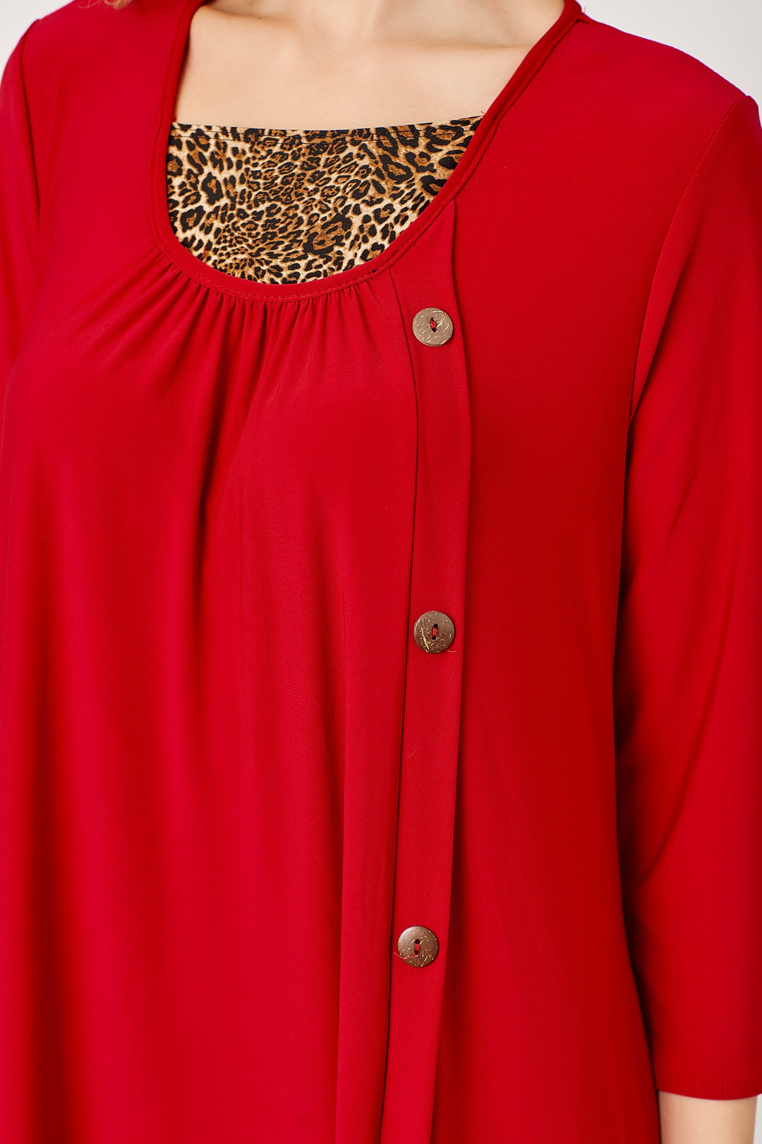 RED ANIMAL CONTRAST BUTTON DETAILED W/SIDE POCKETS MIDI DRESS DVL5853