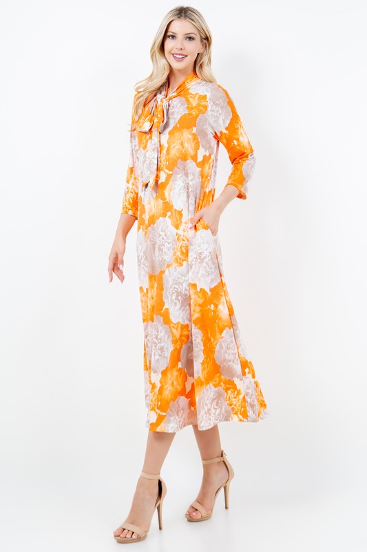 ORANGE TIE-NECK W/SIDE POCKET A-LINE MAXI DRESS DVL5831-C