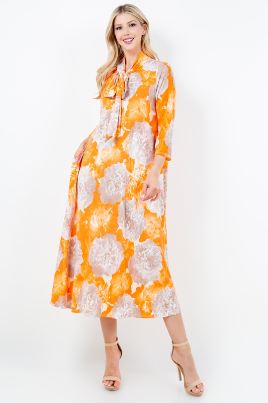ORANGE TIE-NECK W/SIDE POCKET A-LINE MAXI DRESS DVL5831-C