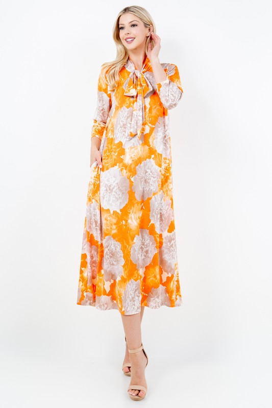 ORANGE TIE-NECK W/SIDE POCKET A-LINE MAXI DRESS DVL5831-C