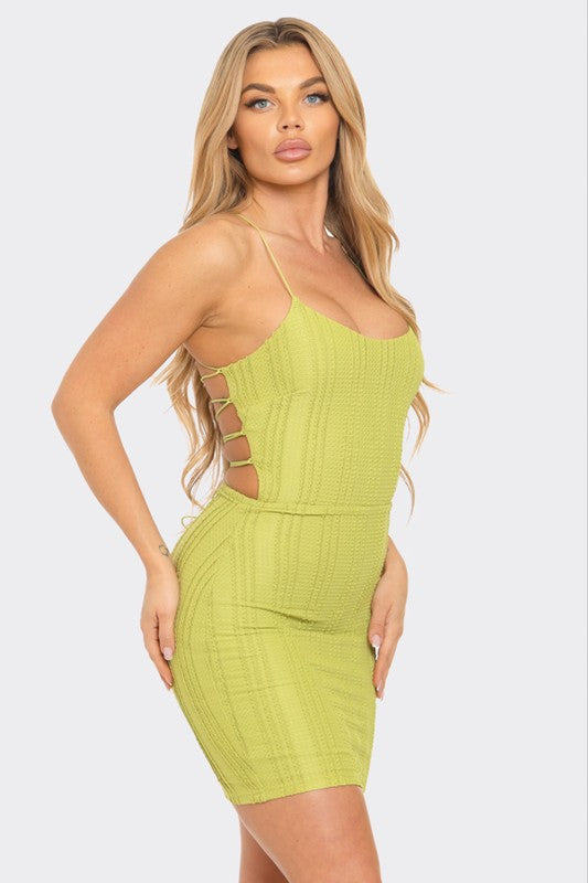 LIME ELASTIC STRAP CROSS OVER BACK DETAILED MINI DRESS D6096D2