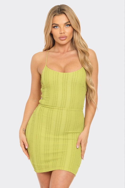 LIME ELASTIC STRAP CROSS OVER BACK DETAILED MINI DRESS D6096D2