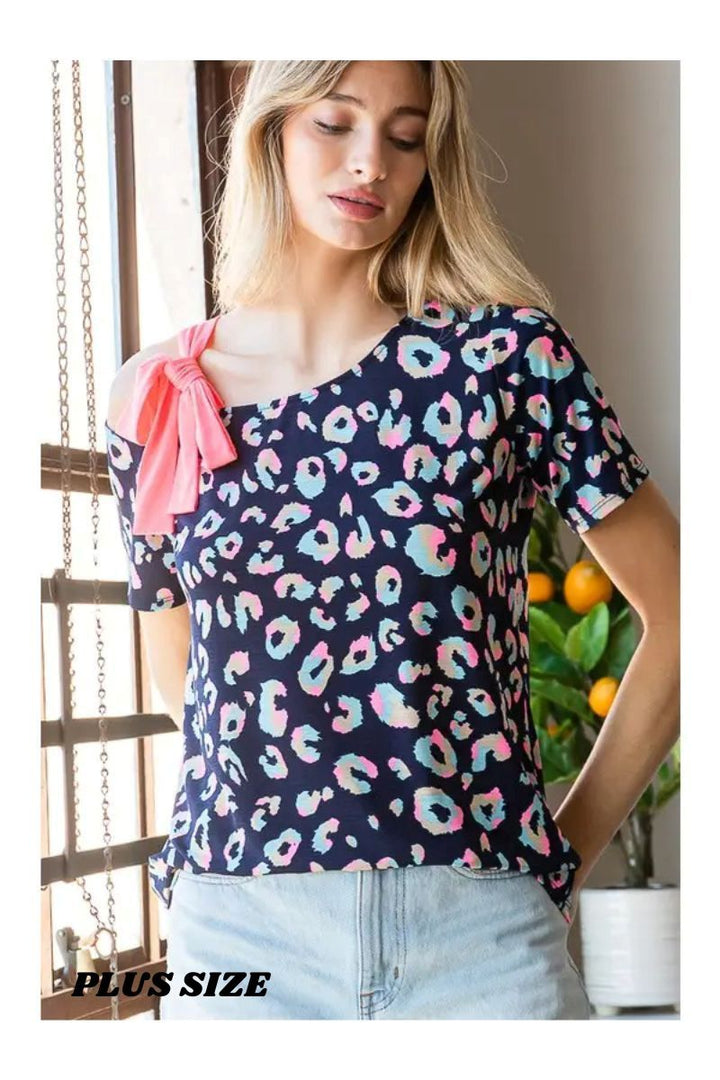 NAVY ANIMAL PRINT SLEF-TIE ONE SHOULDER PLUS SIZE TOP HMET7220-11P