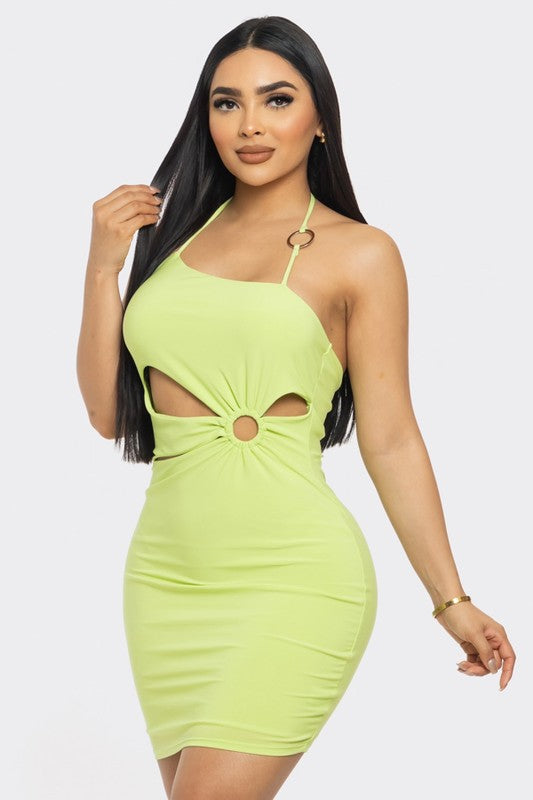 LIME HALTER NECK RING-O CUT-OUT WAIST DETAILED MINI DRESS D10417D LIME HALTER NECK RING-O CUT-OUT WAIST DETAILED MINI DRESS D10417D