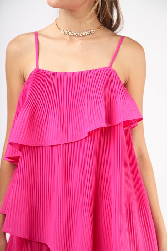 HOT PINK TIERED PLEATS ASYMMETRICAL SLEEVELESS MINI DRESS ND31222