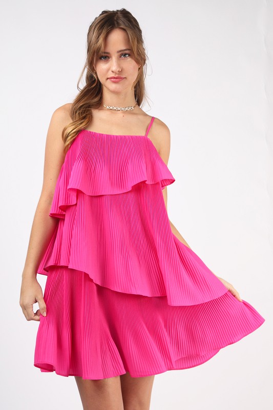 HOT PINK TIERED PLEATS ASYMMETRICAL SLEEVELESS MINI DRESS ND31222
