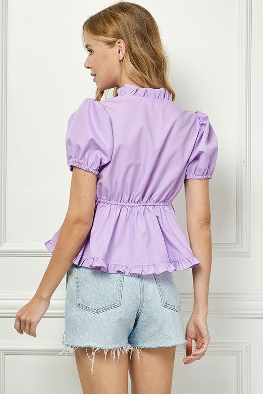 LILAC SURPLICE BABYDOLL RUFFLE TRIM BLOUSE TOP AVT51983WK