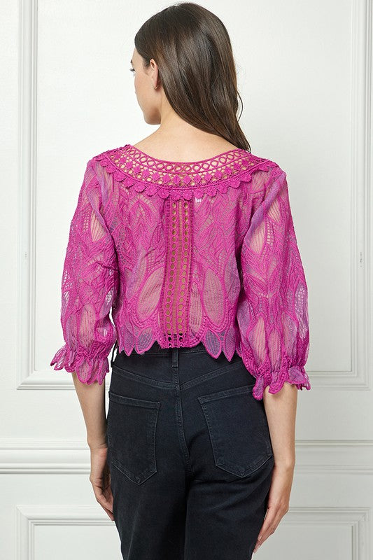 PLUM LACE 3/4 SLEEVES BLOUSE TOP AVT10540K