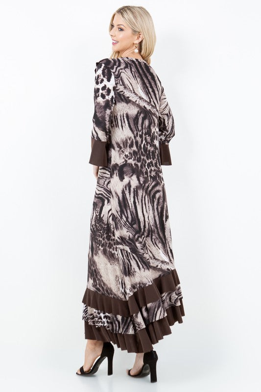 BROWN  ANIMAL RUFFLED W/SIDE POCKETS MAXI DRESS DMD7041-A