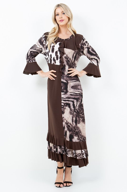 BROWN  ANIMAL RUFFLED W/SIDE POCKETS MAXI DRESS DMD7041-A