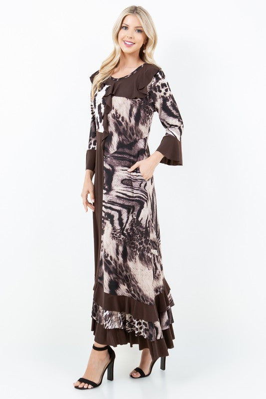 BROWN  ANIMAL RUFFLED W/SIDE POCKETS MAXI DRESS DMD7041-A