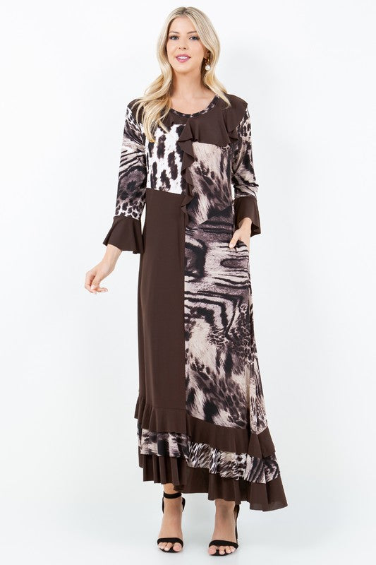 BROWN  ANIMAL RUFFLED W/SIDE POCKETS MAXI DRESS DMD7041-A