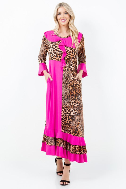 PINK ANIMAL RUFFLED W/SIDE POCKETS MAXI DRESS DMD7041-B