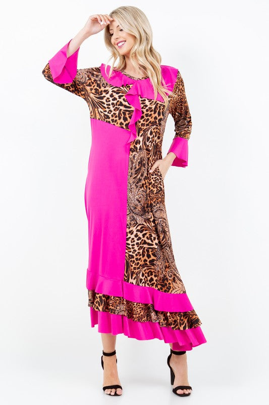 PINK ANIMAL RUFFLED W/SIDE POCKETS MAXI DRESS DMD7041-B