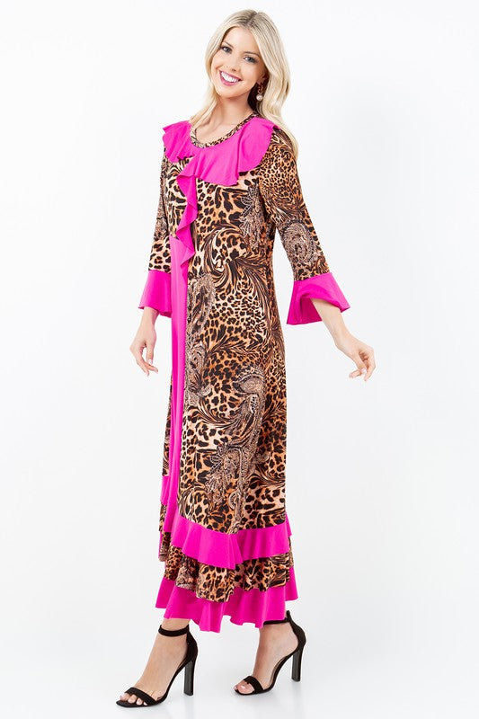 PINK ANIMAL RUFFLED W/SIDE POCKETS MAXI DRESS DMD7041-B