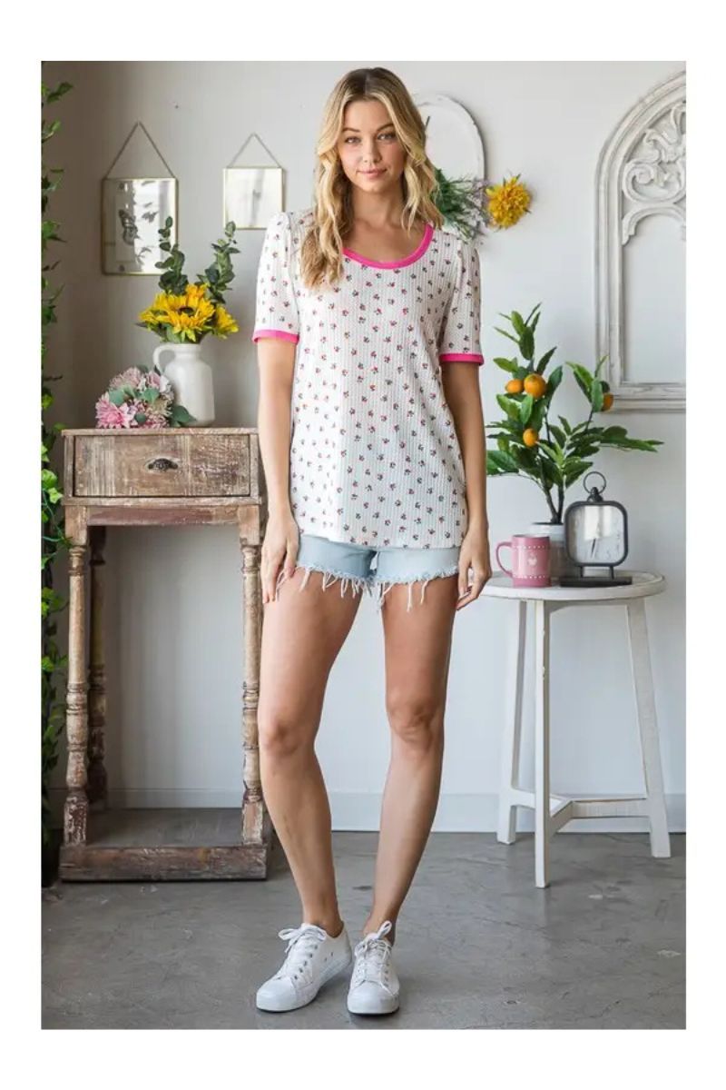 IVORY FLORAL PRINT SHIRRING ROUND NECK TOP HMET7144-15