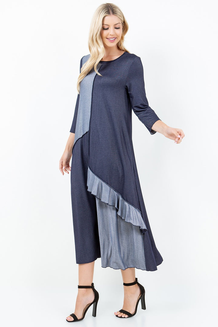 INDIGO COLOR BLOCK 3/4 SLEEVES W/ SIDE POCKETS DENIM MIDI DRESS DVL5848