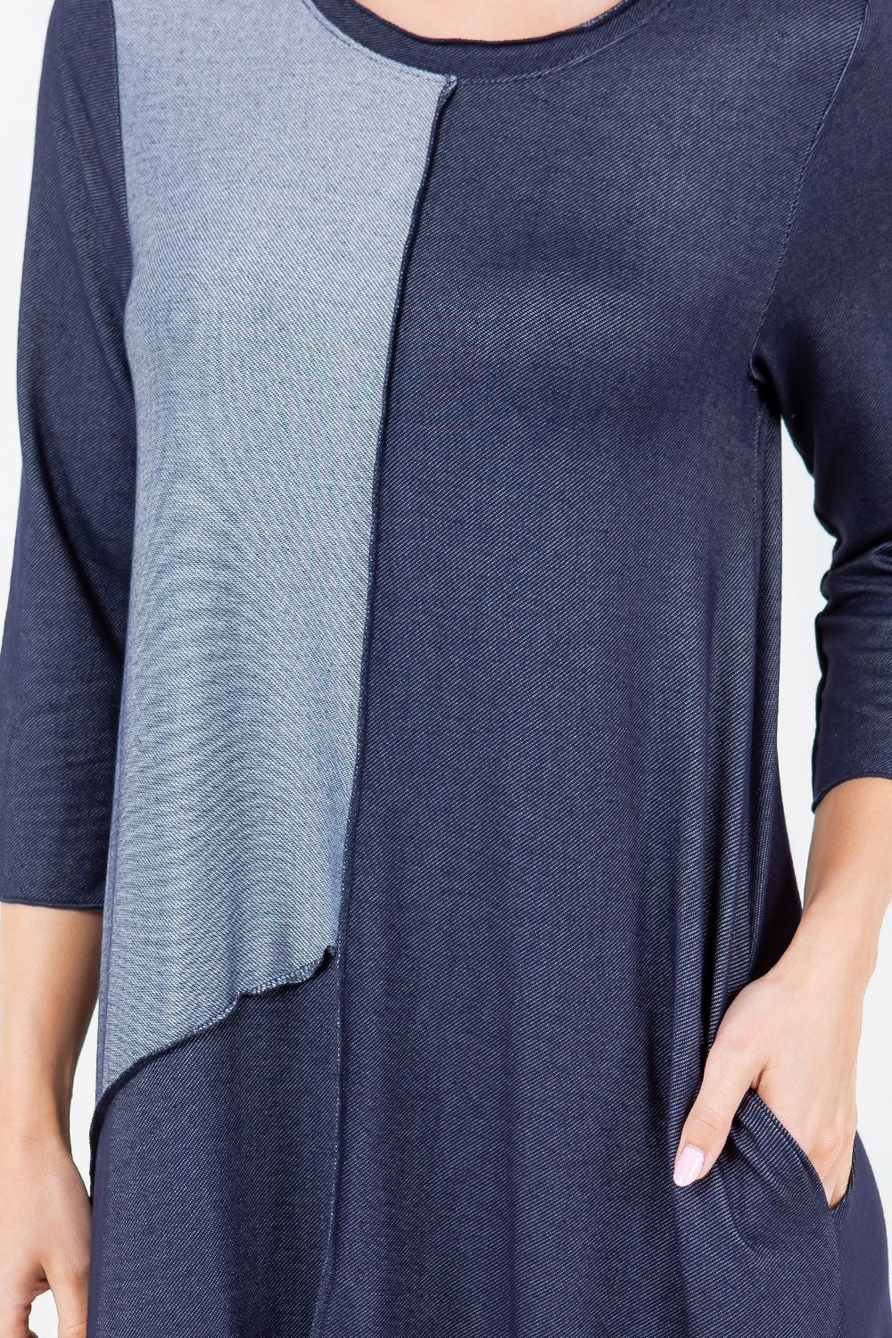 INDIGO COLOR BLOCK 3/4 SLEEVES W/ SIDE POCKETS DENIM MIDI DRESS DVL5848