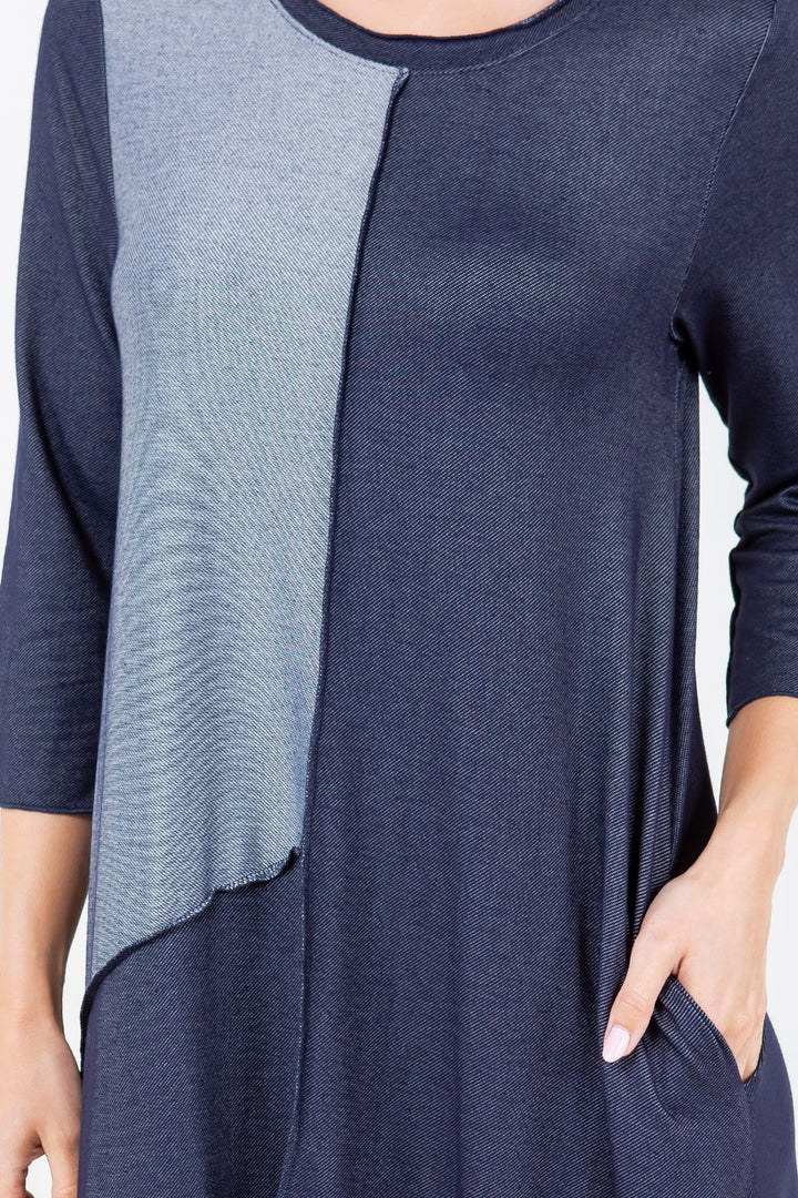 INDIGO COLOR BLOCK 3/4 SLEEVES W/ SIDE POCKETS DENIM MIDI DRESS DVL5848