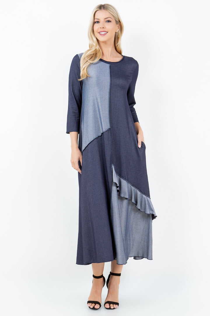 INDIGO COLOR BLOCK 3/4 SLEEVES W/ SIDE POCKETS DENIM MIDI DRESS DVL5848