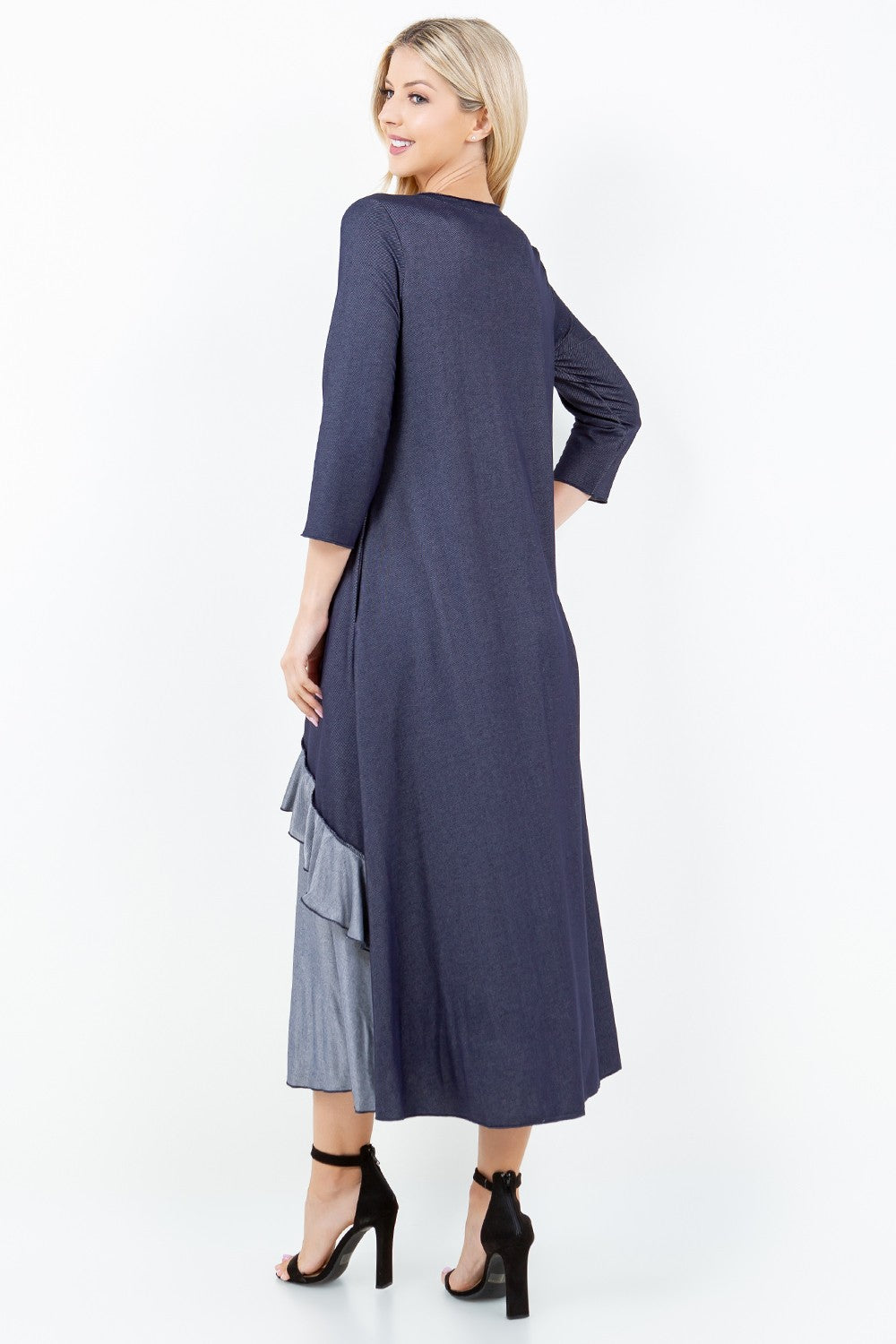 INDIGO COLOR BLOCK 3/4 SLEEVES W/ SIDE POCKETS DENIM MIDI DRESS DVL5848