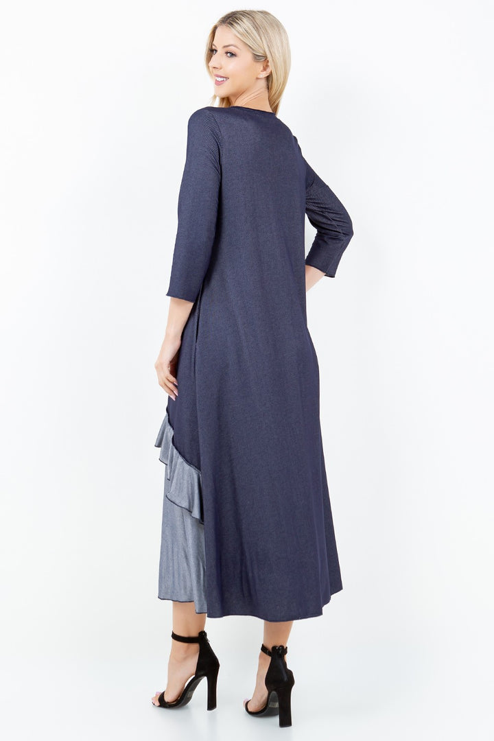 INDIGO COLOR BLOCK 3/4 SLEEVES W/ SIDE POCKETS DENIM MIDI DRESS DVL5848
