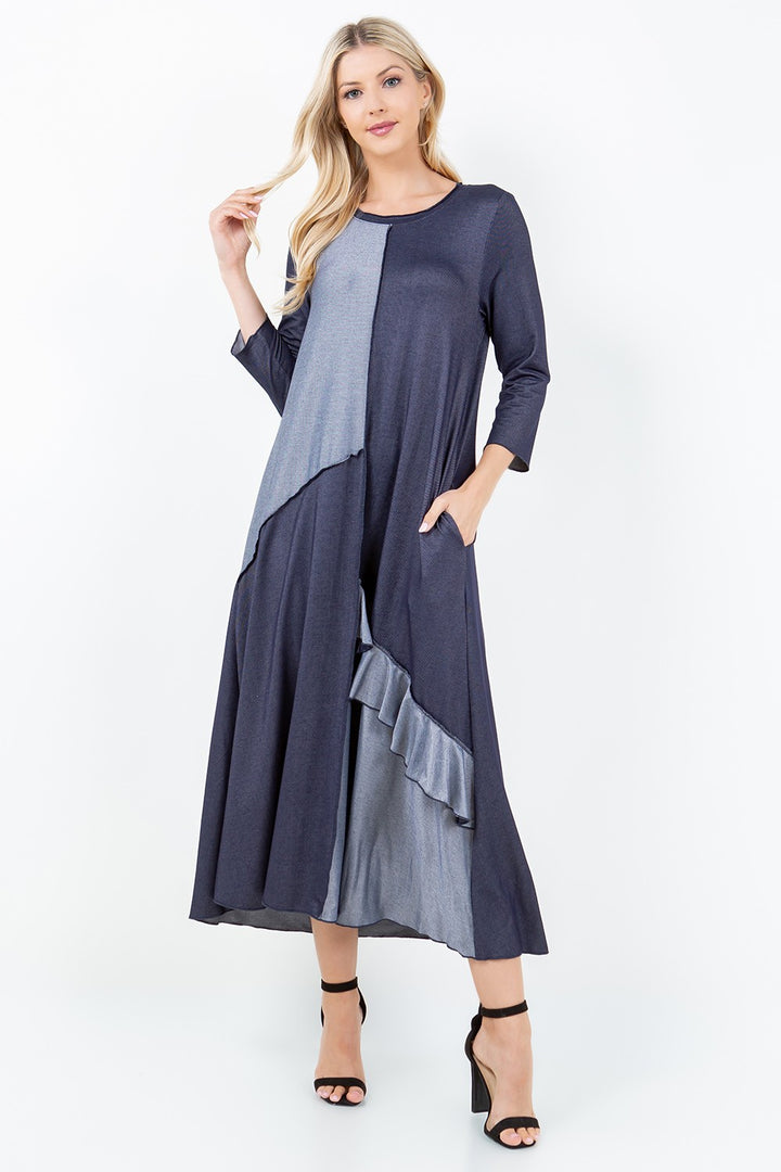 INDIGO COLOR BLOCK 3/4 SLEEVES W/ SIDE POCKETS DENIM MIDI DRESS DVL5848