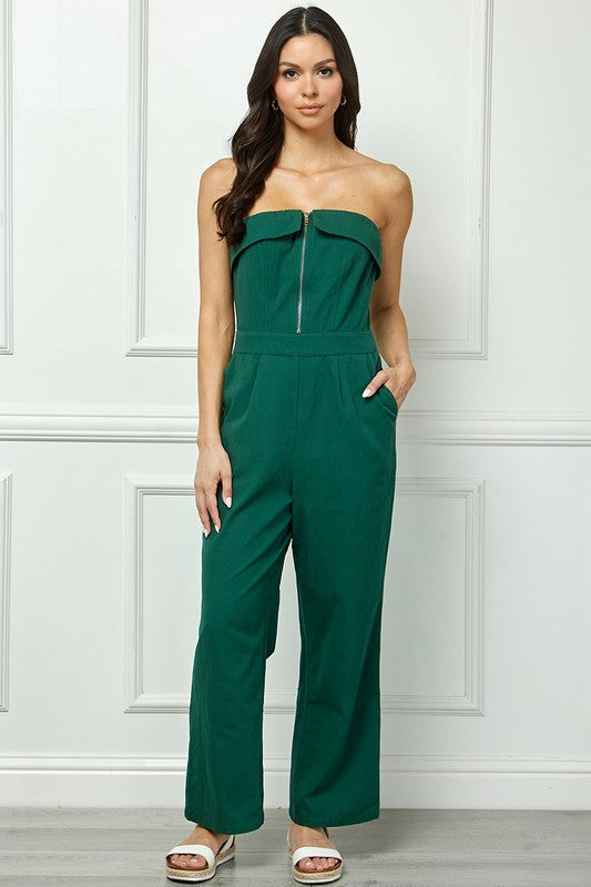 GREEN STRAPLESS ZIPPER W/SIDE POCKETS JUMPSUIT AVJ51133WK