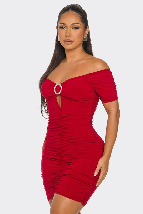 RED O-RING CUTOUT HALF SLEEVES OFF-SHOULDER MINI DRESS SP9659D RED O-RING CUTOUT HALF SLEEVES OFF-SHOULDER MINI DRESS SP9659D