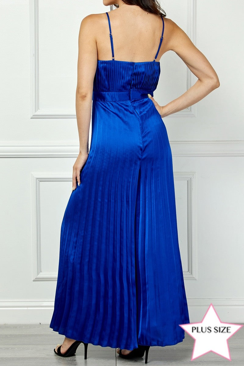 ROYAL SATIN SPAGHETTI STRAP PLEATED WIDE LEG PLUS SIZE JUMPSUIT AVJ51891WX