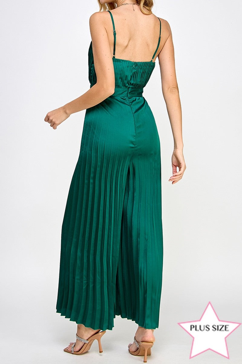 HUNTER GREEN SATIN SPAGHETTI STRAP PLEATED WIDE LEG PLUS SIZE JUMPSUIT AVJ51891WX