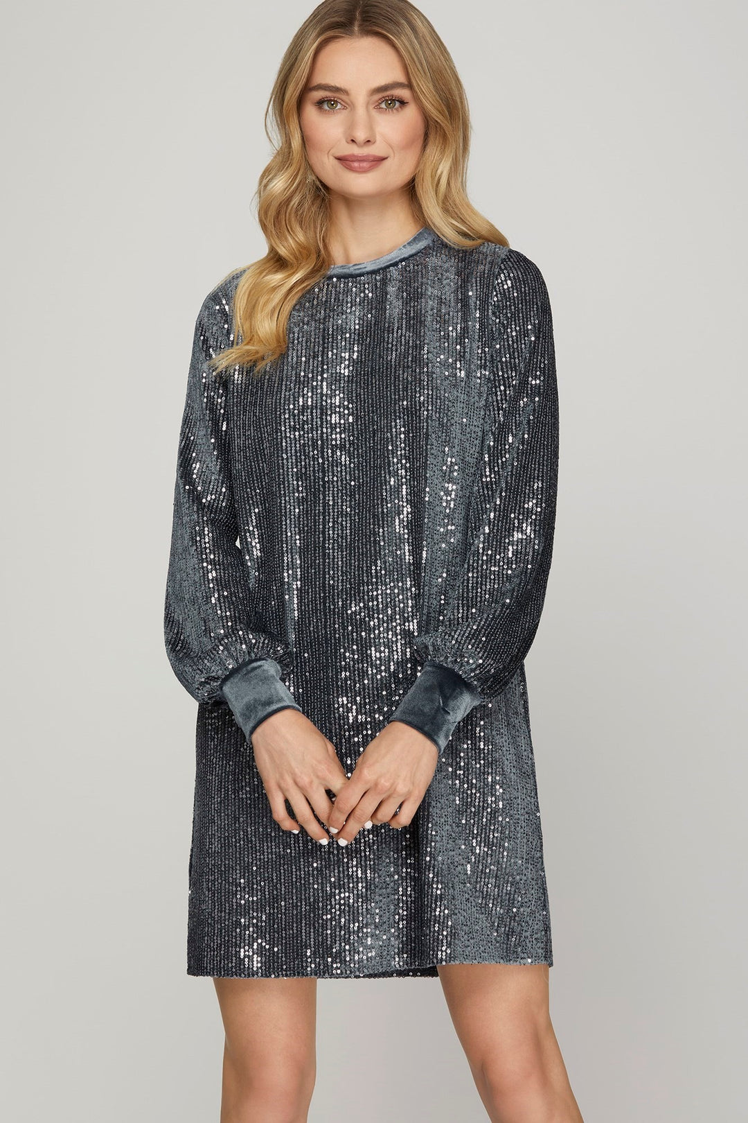 Blue Grey Sequin Round Neck Velvet Contrast Mini Dress SSY7835 Blue Grey Sequin Round Neck Velvet Contrast Mini Dress SSY7835
